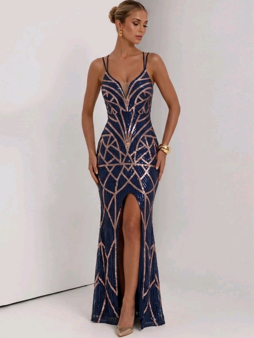 Navy Blue Womens Sequence Maxi Gown Dress Front Slit Prom Formal Homecoming Sz M